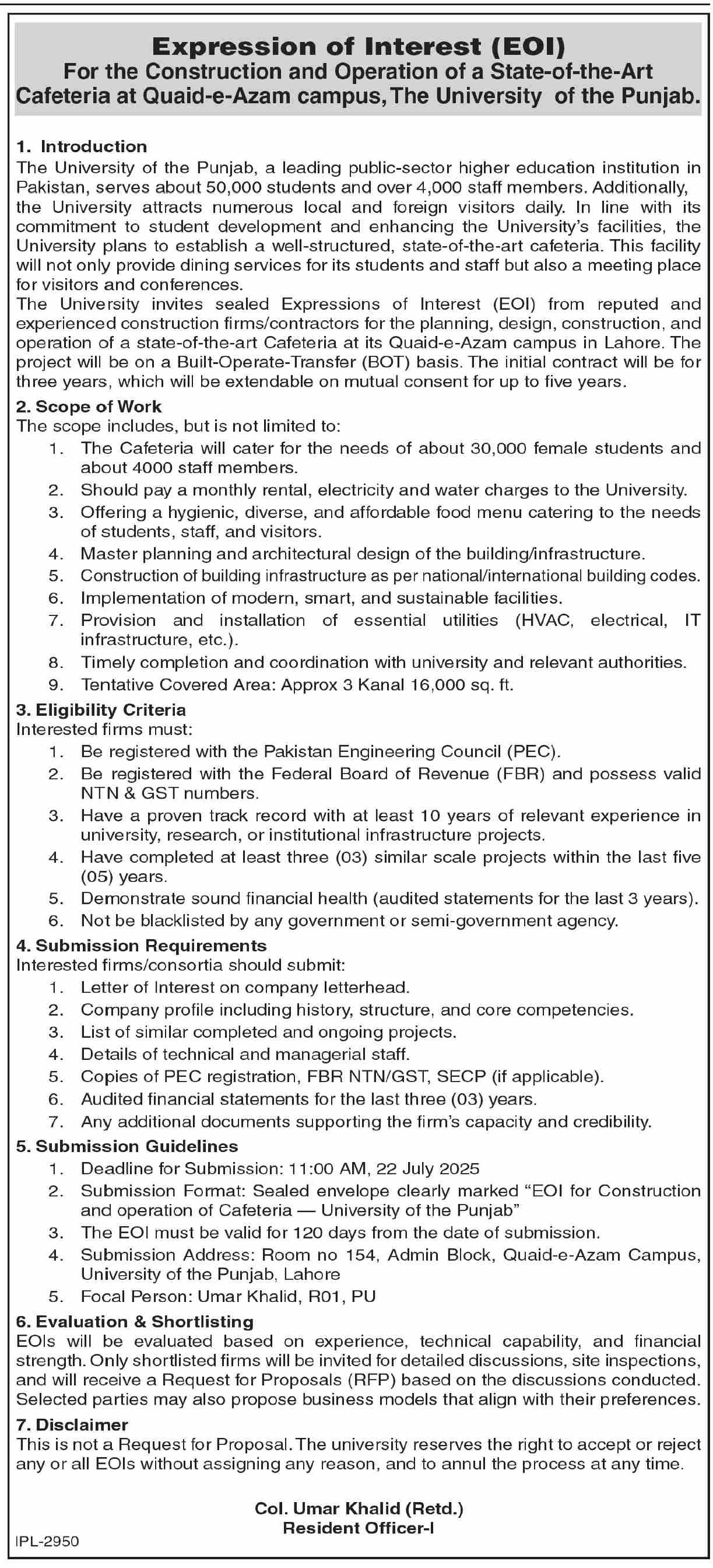 University of the Punjab Lahore Tender Notice-2